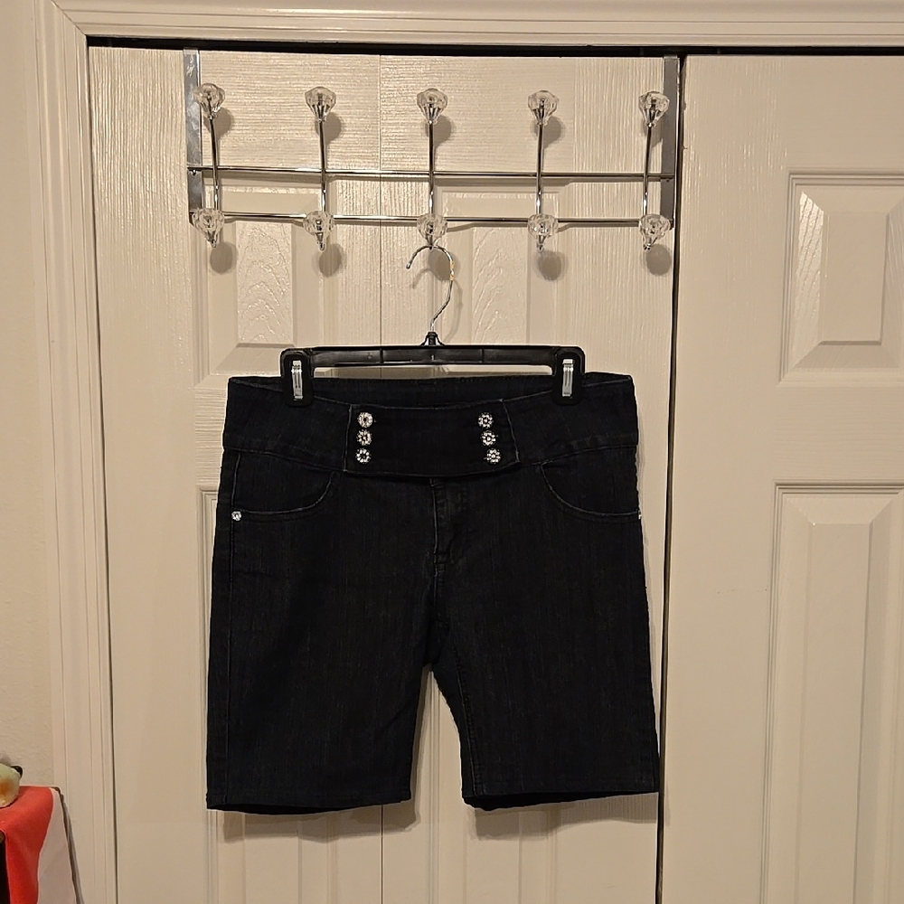 Black Denim Shorts with Button Detail